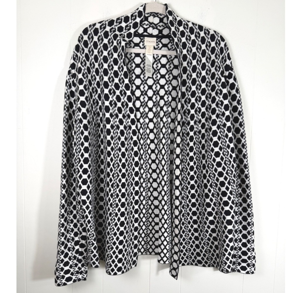 Chicos Black White Geometric Honeycomb Open Front Cardigan Sweater Size 2/Large